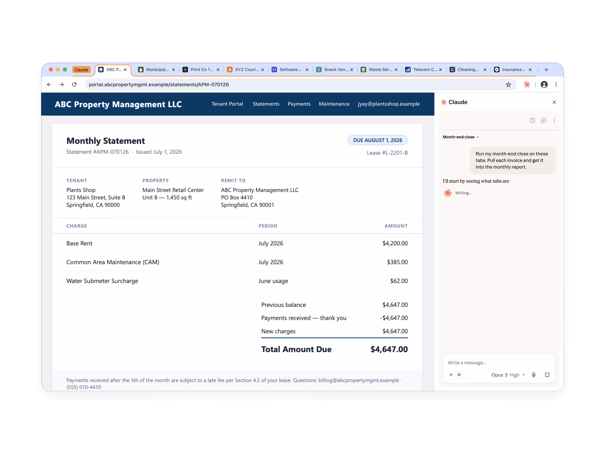 Claude in Chrome side panel open next to a property management vendor portal showing a monthly statement, with around ten vendor tabs open and the prompt 'Run my month-end close on these tabs. Pull each invoice and get it into the monthly report.'