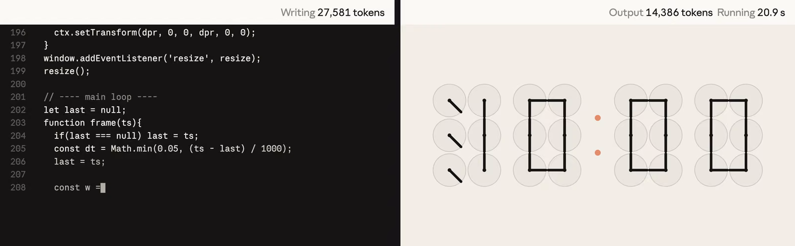 Side-by-side frames from Anthropic's clock-of-clocks demo: Claude Sonnet 5 still writing code at 27,581 tokens on the left, Claude Sonnet 5.5 finished and running at 14,386 output tokens on the right