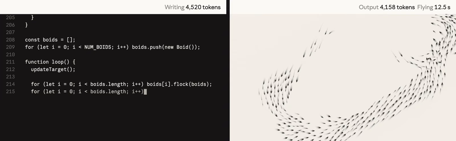 Side-by-side frames from Anthropic's murmuration demo: Claude Sonnet 5 writing boid-flocking code at 4,520 tokens on the left, Claude Sonnet 5.5's finished starling murmuration animation at 4,158 output tokens on the right