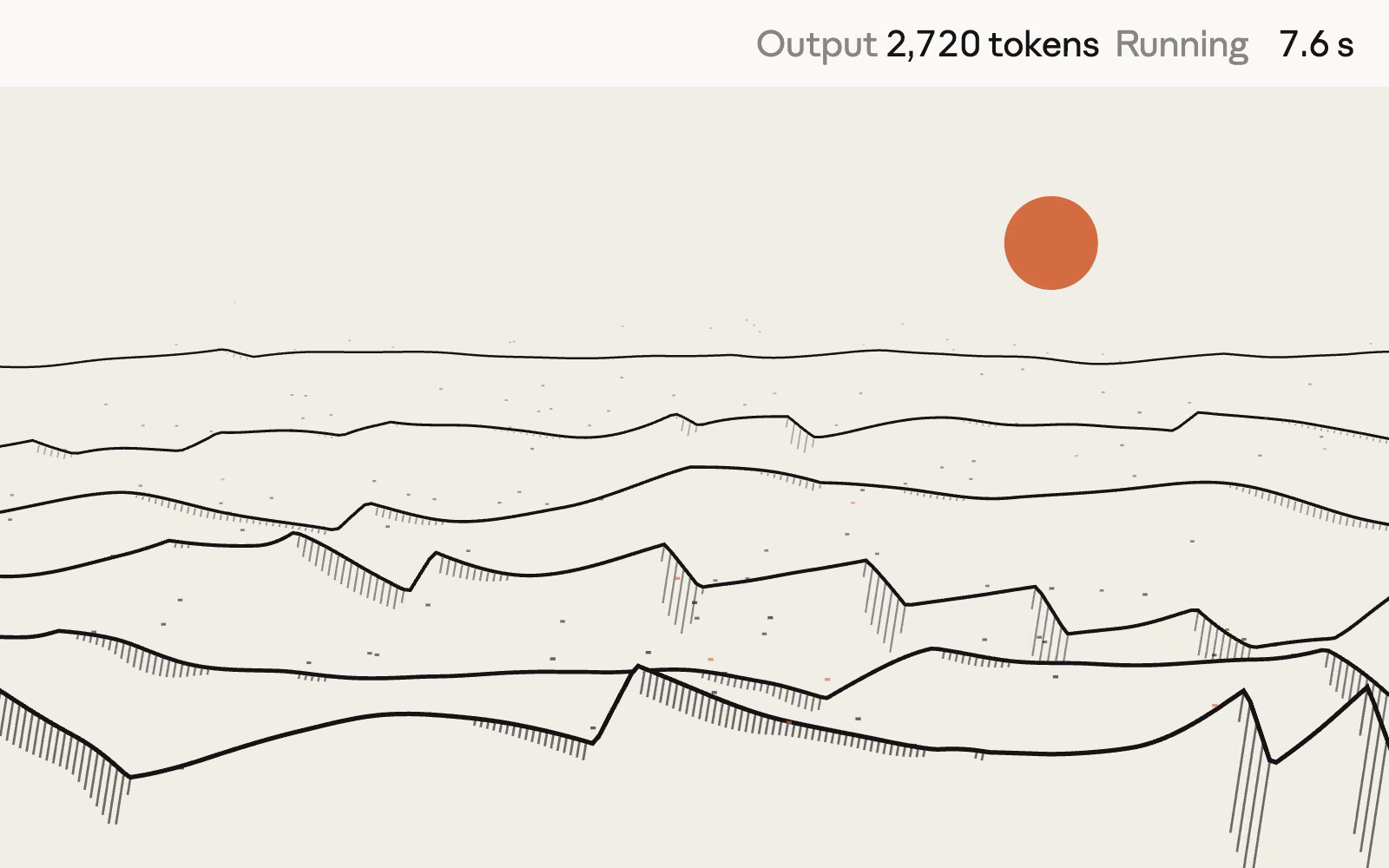 Claude Sonnet 5.5's finished wind-shaped sand dunes animation, drawn as layered black line ridges under an orange sun, with 2,720 output tokens shown