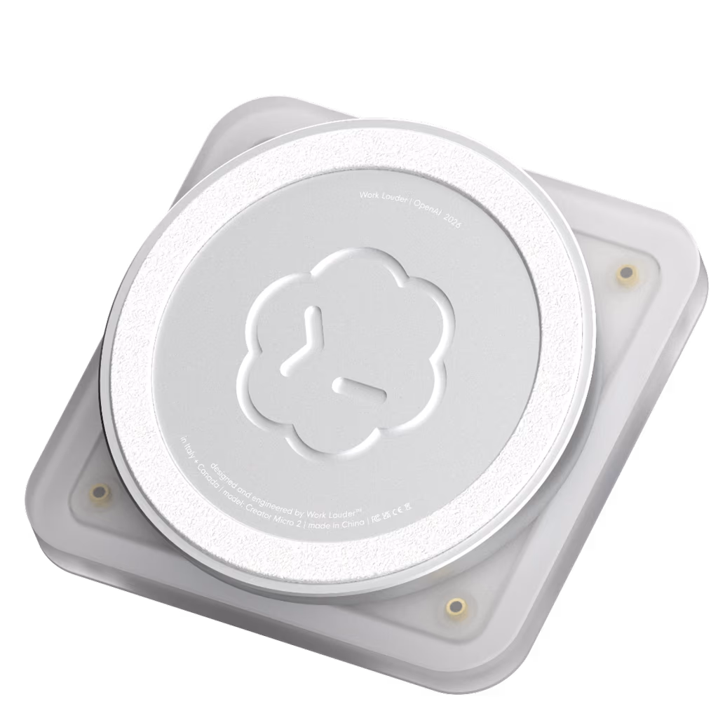 Underside of the Codex Micro device showing 'Work Louder | OpenAI 2026' branding and 'model: Creator Micro 2' molded into the base, alongside a Work Louder flower logo