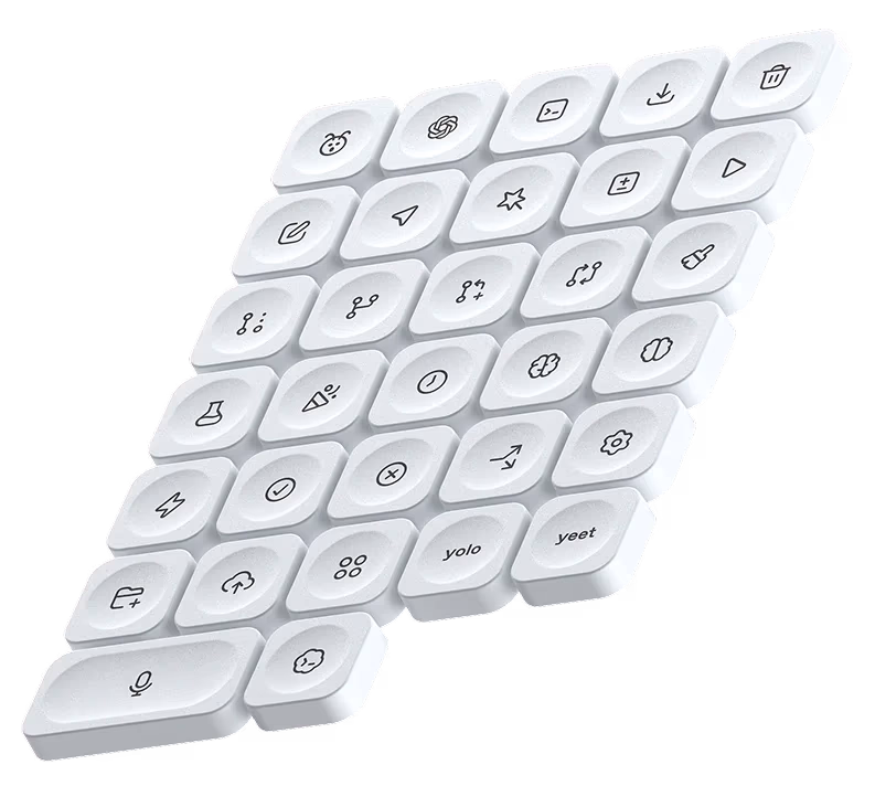 Set of 32 alternate icon keycaps included with Codex Micro, showing symbols for branching, approval, rejection, chat and other developer actions, plus playful keys labelled 'yolo' and 'yeet'