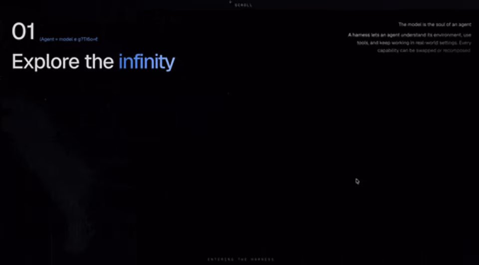 A dark website recreation reading '01 Explore the infinity' with the subtitle text 'The model is the soul of an agent. A harness lets an agent understand its environment, use tools, and keep working in real-world settings' - a DeepSeek Harness marketing page rebuilt by the model from a reference image.