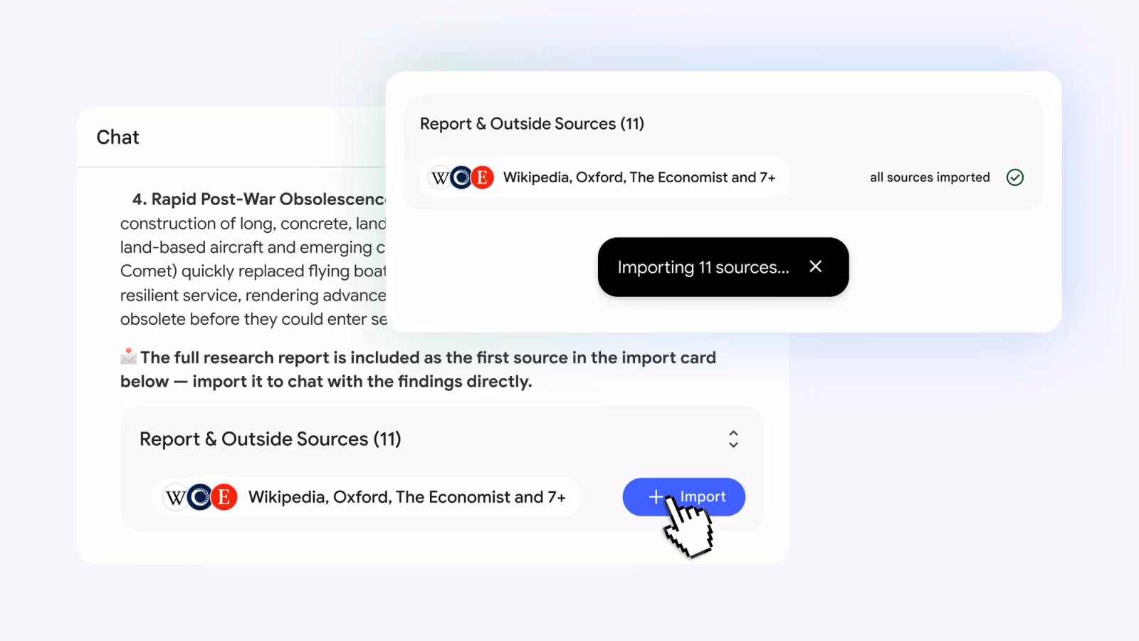 Gemini Notebook interface showing an 'Importing 11 sources...' progress card pulling in Wikipedia, Oxford and Economist references automatically