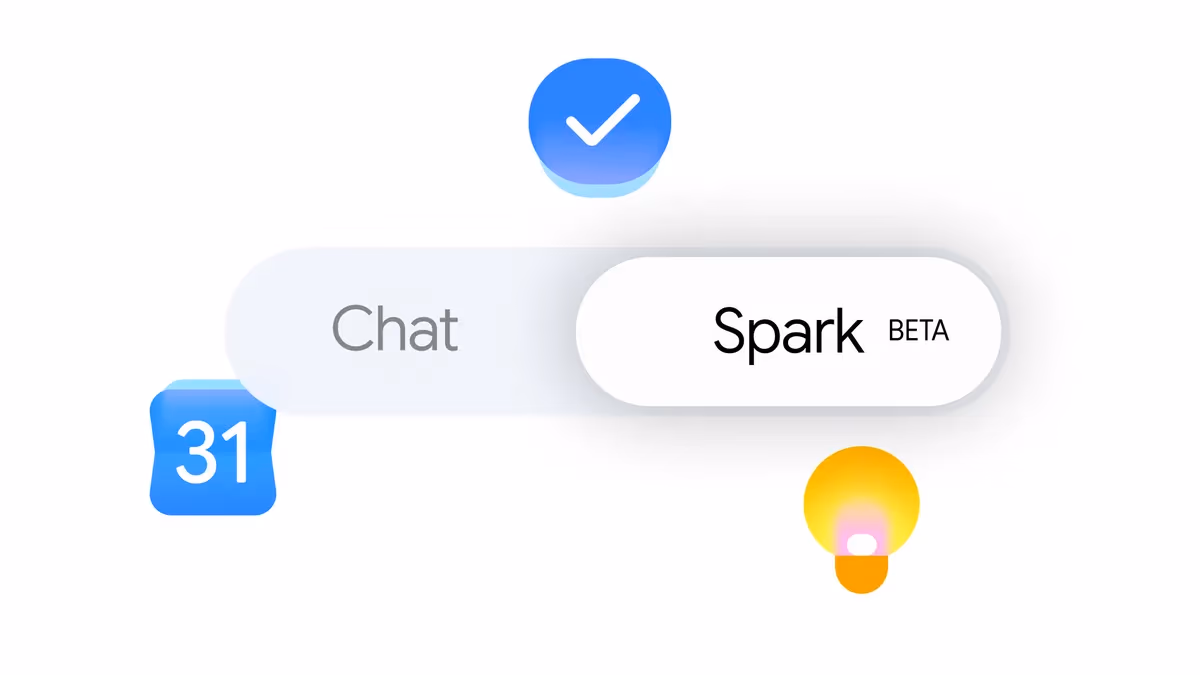 Diagram showing the Gemini app's Spark tab (beta) alongside the standard Chat tab, connected to Google Calendar and Google Keep/Tasks icons.