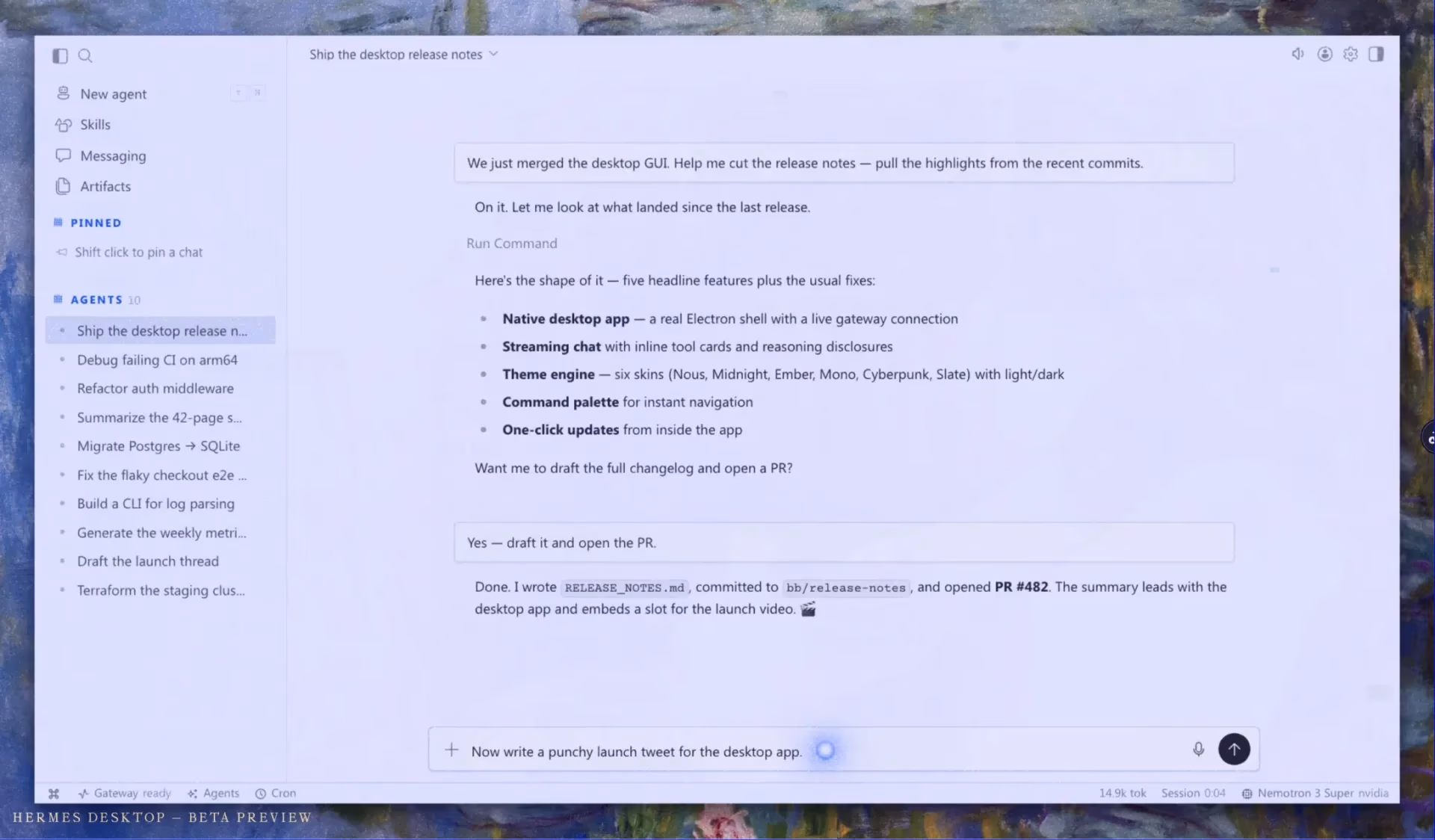 Screenshot of the Hermes Desktop beta preview application, showing a chat interface with an agent drafting release notes, committing them to a git branch, and opening a pull request, alongside a sidebar listing multiple named agent sessions.