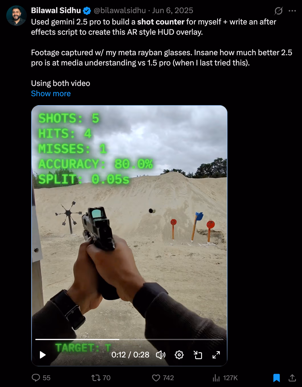 Bilawal Sidhu's June 2025 social media post showing an earlier, simpler shot-counter prototype with a basic heads-up-display overlay - the project that IronSight eventually grew out of.
