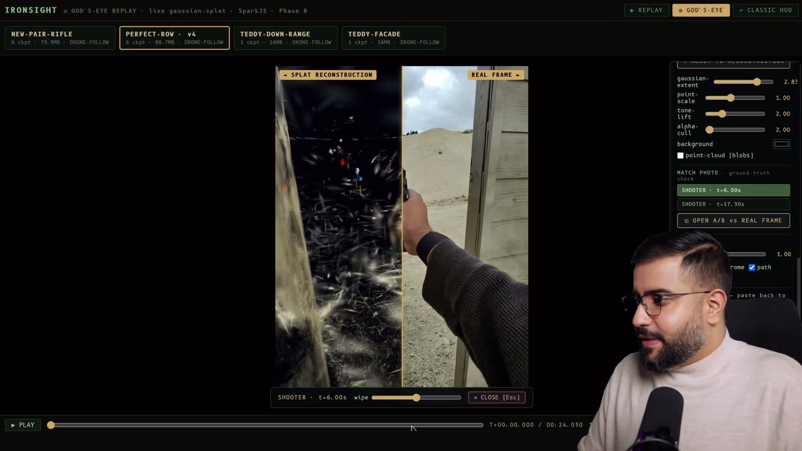 IronSight's God's-Eye Replay interface showing a side-by-side wipe comparison between the 3D Gaussian-splat reconstruction and the real camera frame at the same timestamp, used to verify reconstruction accuracy.