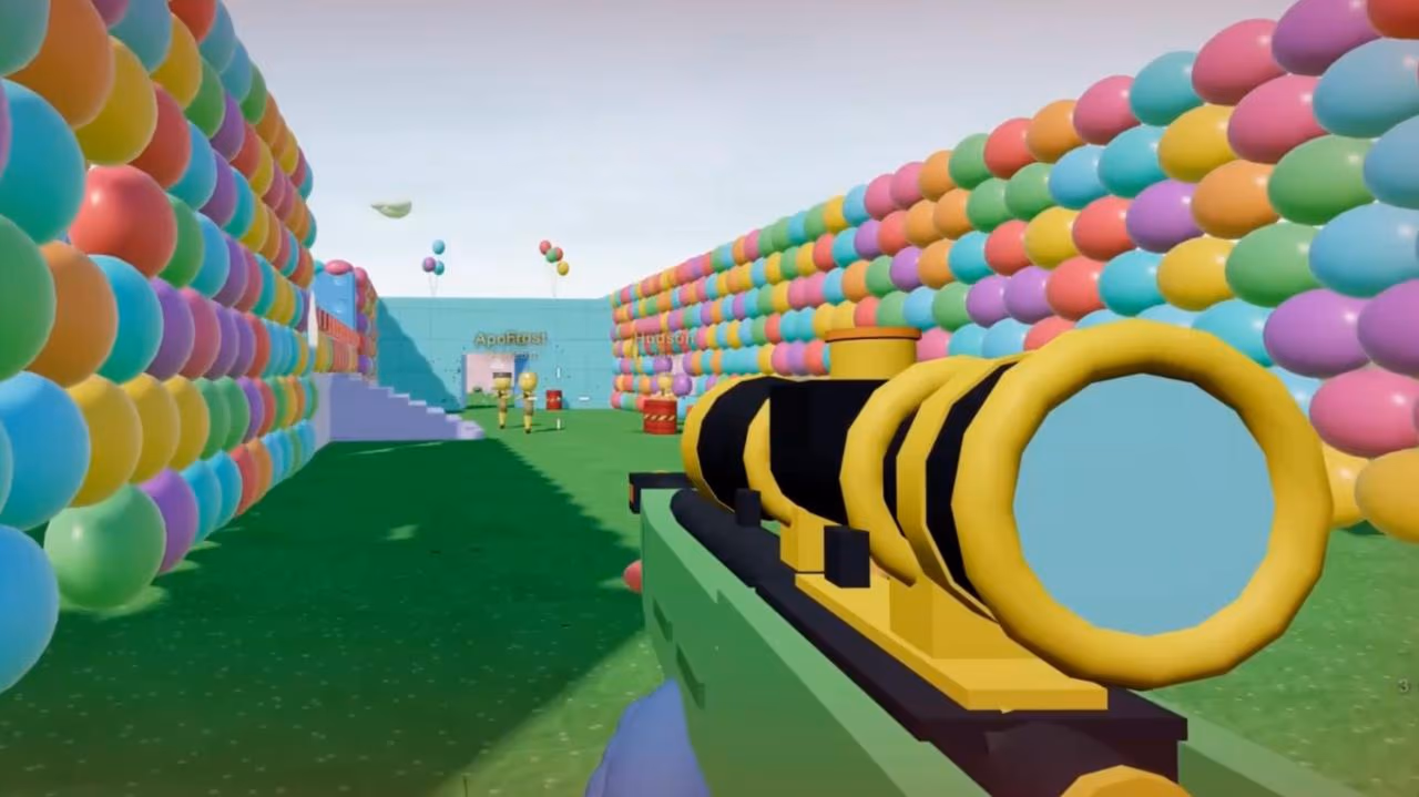 First-person shooter arena scene generated by Kimi K3, with balloon-textured walls and a scoped weapon in view