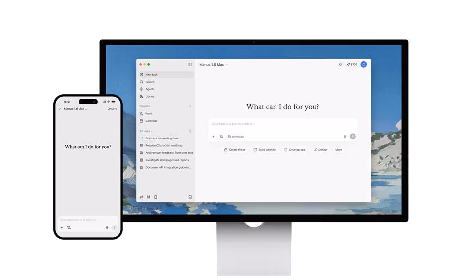 The Manus 1.6 Max desktop and mobile interface, showing a task input box reading 'What can I do for you?' alongside a sidebar of active tasks including 'Optimize onboarding flow' and 'Prepare Q3 product roadmap'.