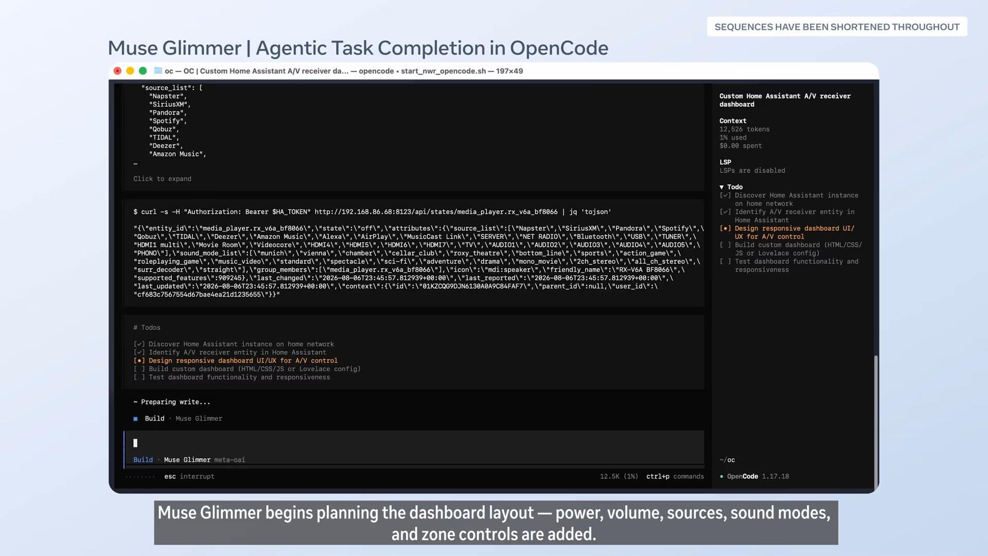 Meta's official Muse Glimmer demo screenshot titled 'Agentic Task Completion in OpenCode', showing the model querying a Home Assistant A/V receiver over its API and tracking a running to-do list as it builds a custom control dashboard