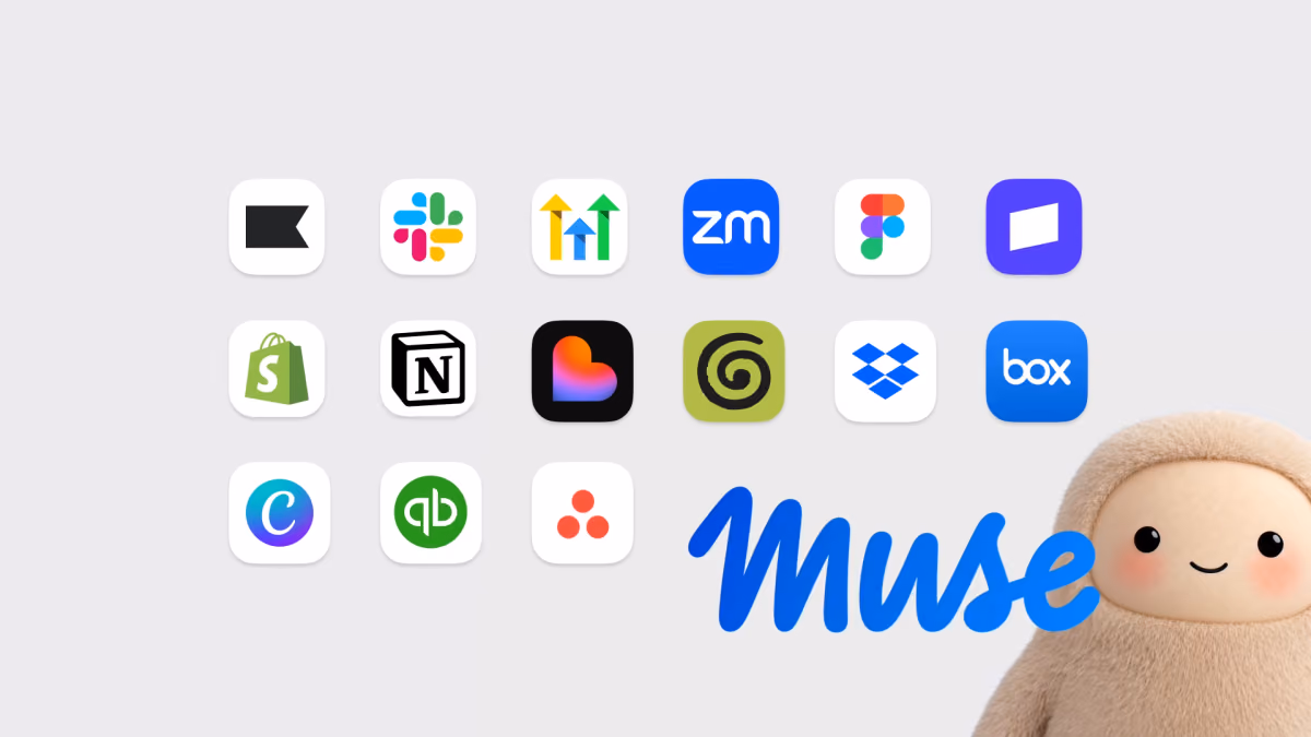 Meta's Muse for Small Business artwork showing app icons for the supported connectors beside the Muse logo and mascot.