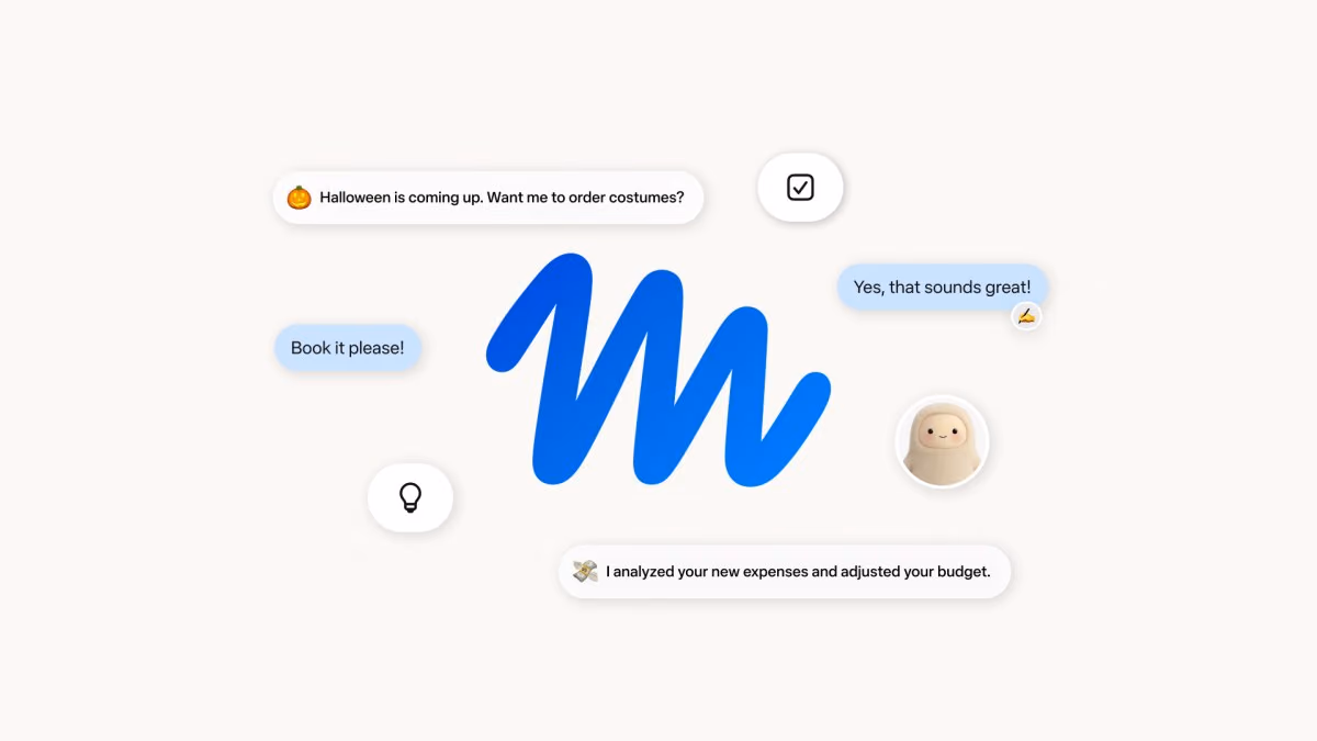 Meta's Introducing Muse artwork showing chat bubbles such as 'Halloween is coming up. Want me to order costumes?' and 'I analyzed your new expenses and adjusted your budget'.