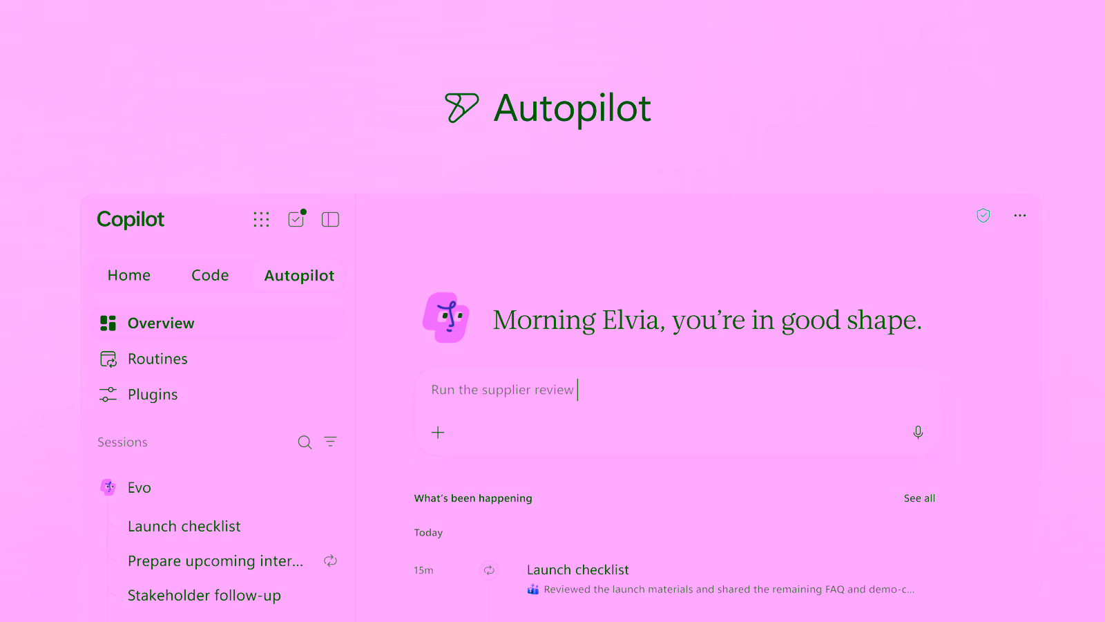 Microsoft's Autopilot screen inside the new Copilot app, showing Overview, Routines and Plugins in the sidebar, a session list and a prompt reading 'Run the supplier review'.