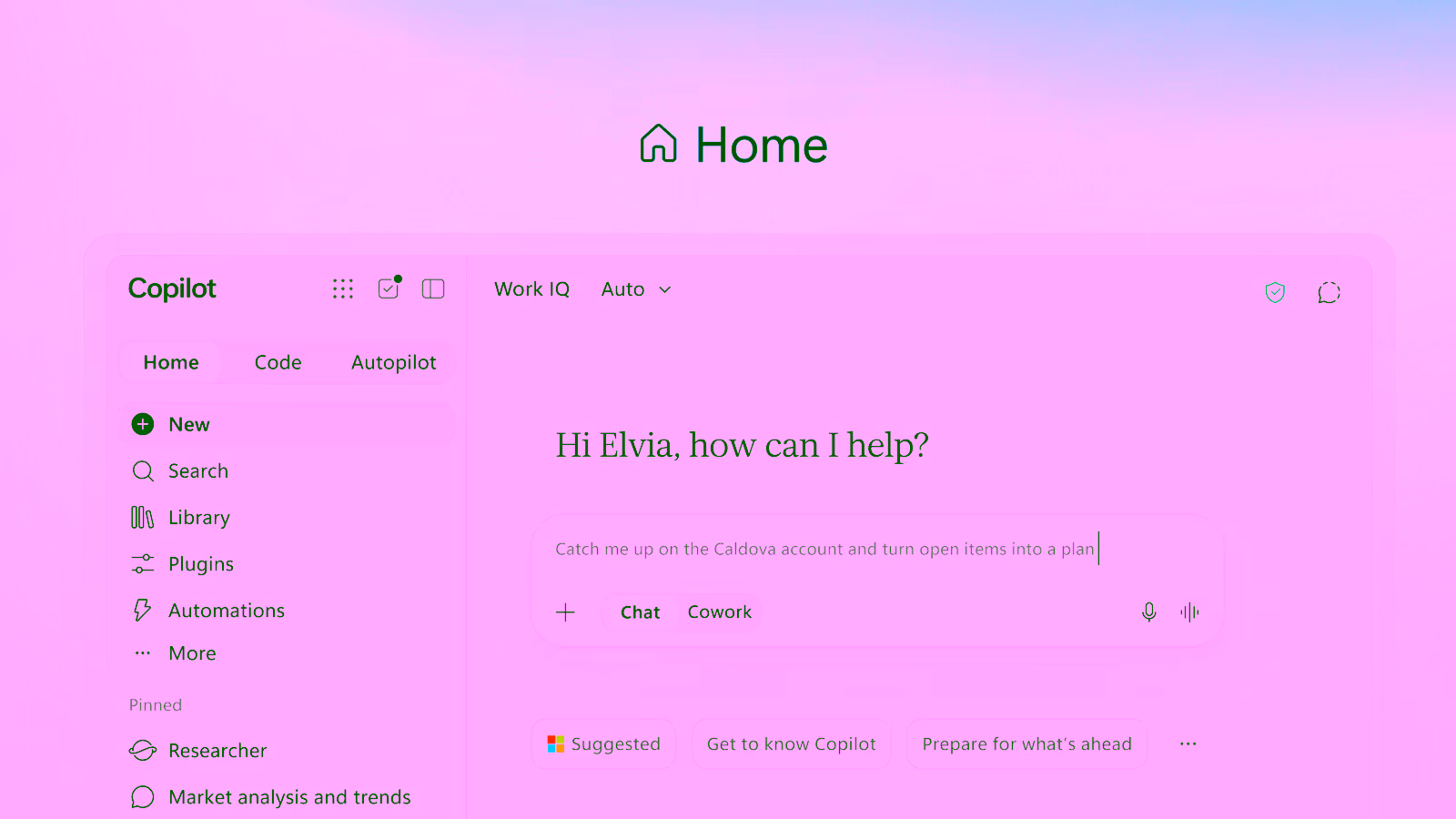 Microsoft's Home screen in the new Copilot app, with a prompt reading 'Catch me up on the Caldova account and turn open items into a plan' and Chat and Cowork modes.