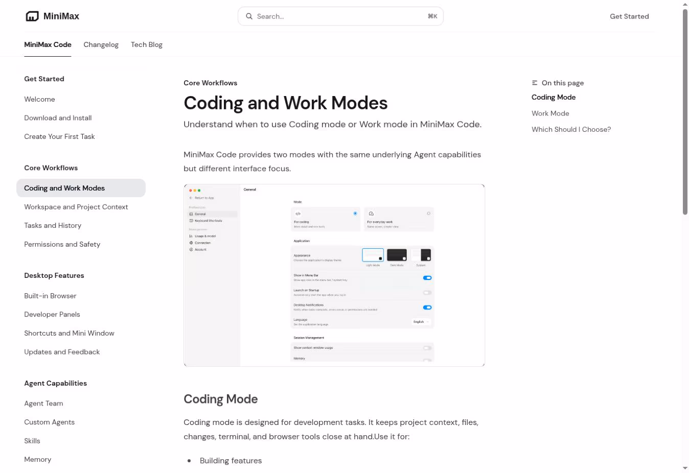 Screenshot of MiniMax Code's official documentation page showing Coding Mode and Work Mode settings, with a preview of the application's appearance and session-management options