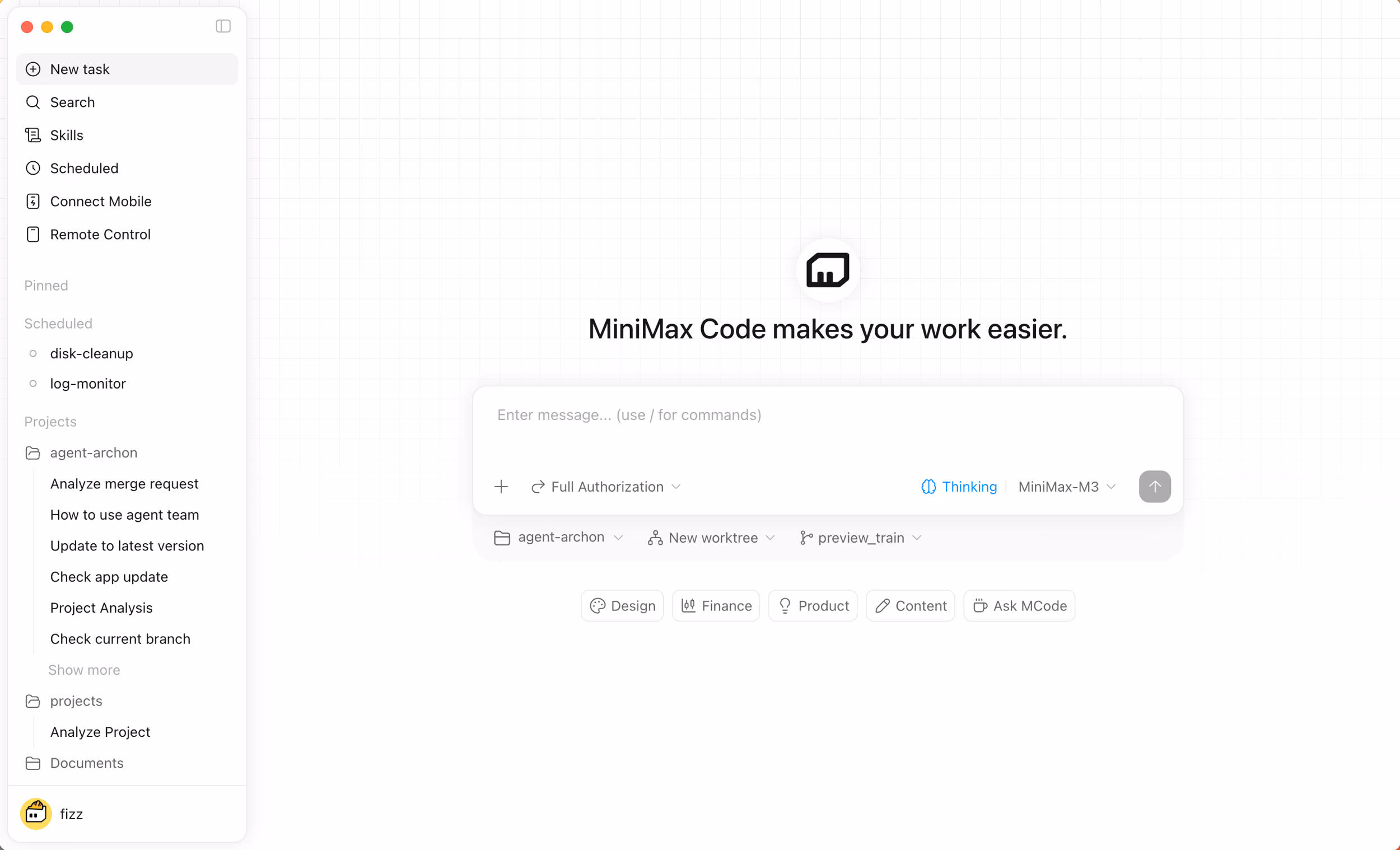 Screenshot of the MiniMax Code desktop app home screen, showing New Task, Remote Control and Connect Mobile in the sidebar, a MiniMax-M3 model selector, and Design, Finance, Product, Content and Ask MCode quick-action buttons