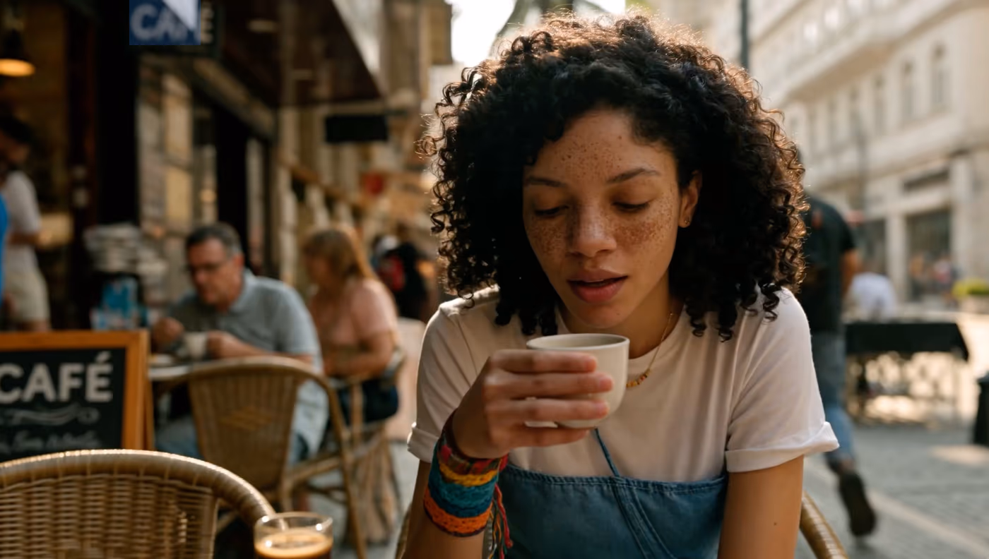 A photorealistic frame generated by MiniMax H3 showing a young woman with curly hair drinking from a small white cup at an outdoor cafe table, with blurred pedestrians and a 'CAFÉ' sign in the background.