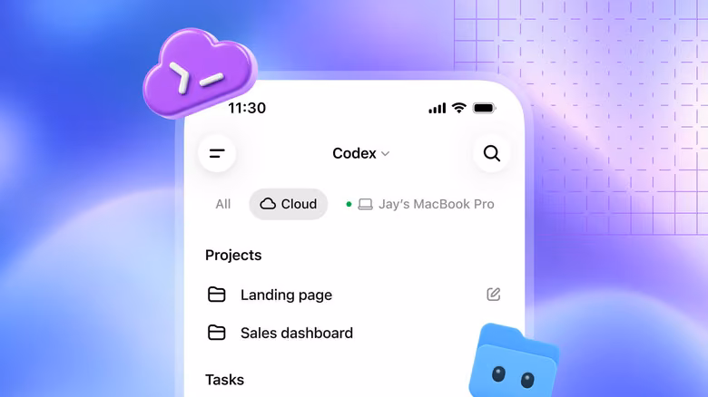 OpenAI promotional image of the Codex mobile app showing a Cloud tab alongside a MacBook Pro, with Projects such as Landing page and Sales dashboard