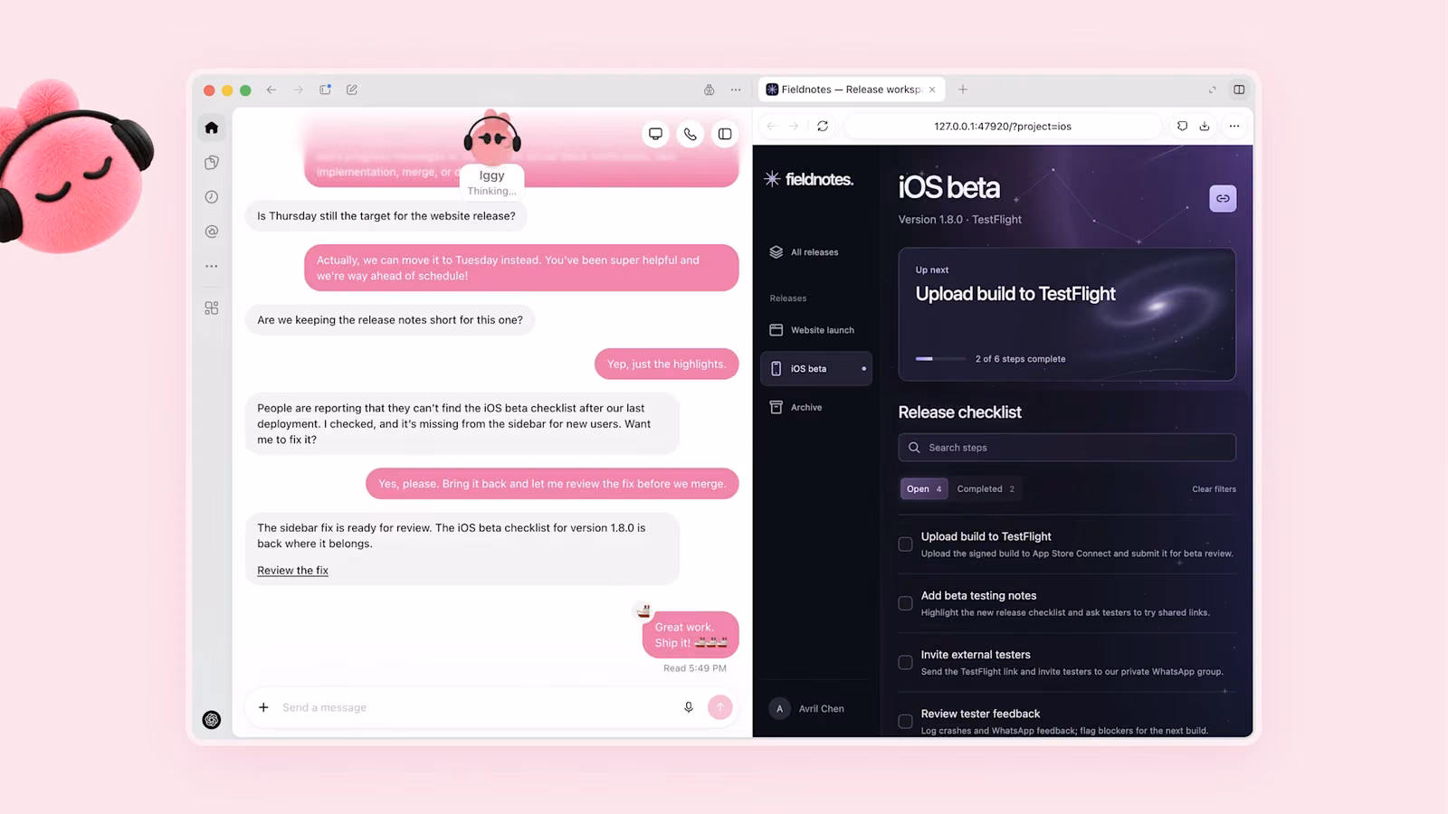 A pink dot named Iggy with headphones in ChatGPT reporting a fixed iOS beta checklist bug in a release dashboard app, awaiting the user's review before merging