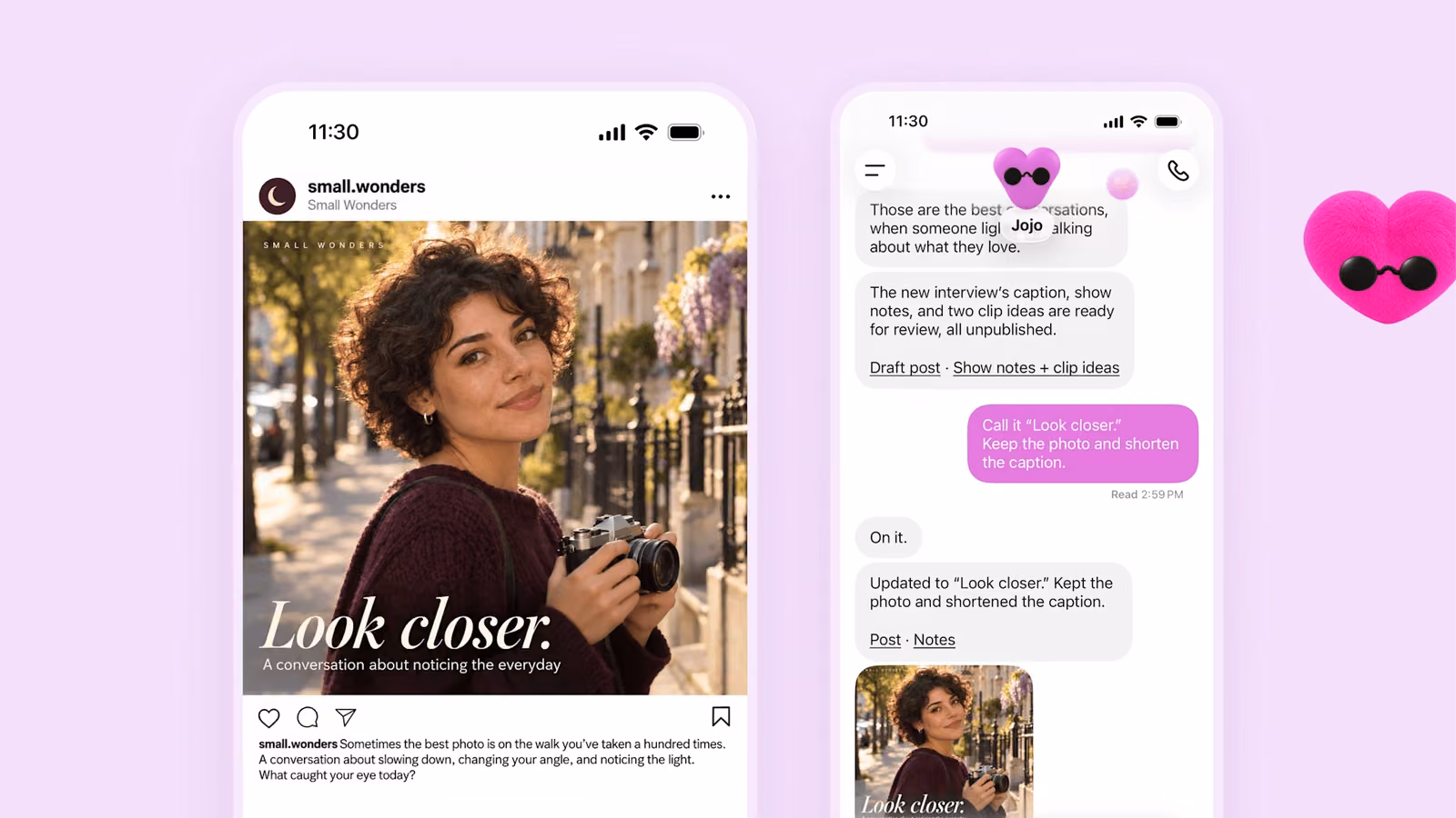 Two phone screens: an Instagram post titled Look closer and a ChatGPT mobile chat with a pink heart dot named Jojo updating the caption on request