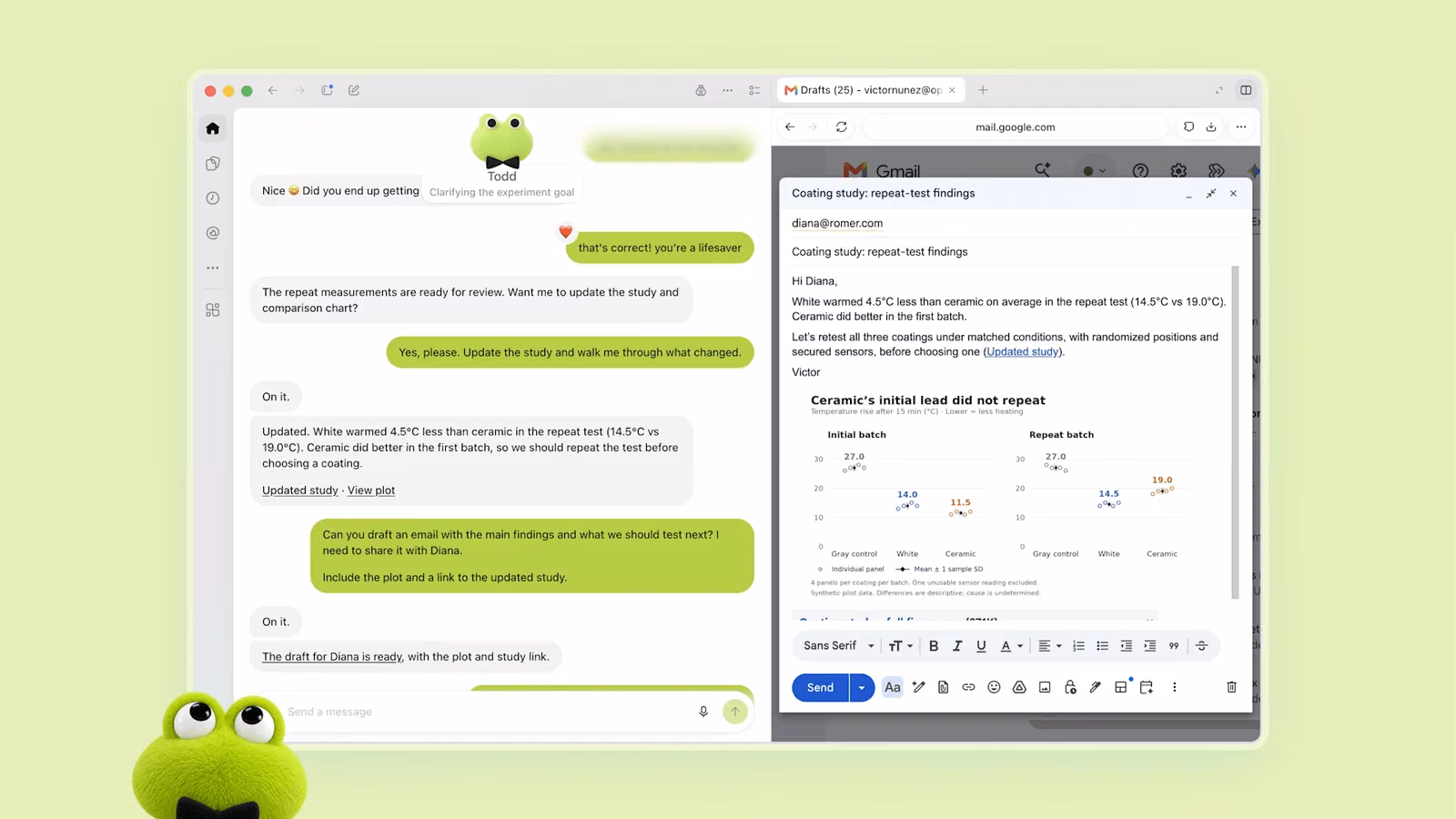 A green frog dot named Todd in ChatGPT updating a coating study and drafting a Gmail email with a comparison chart in its own browser