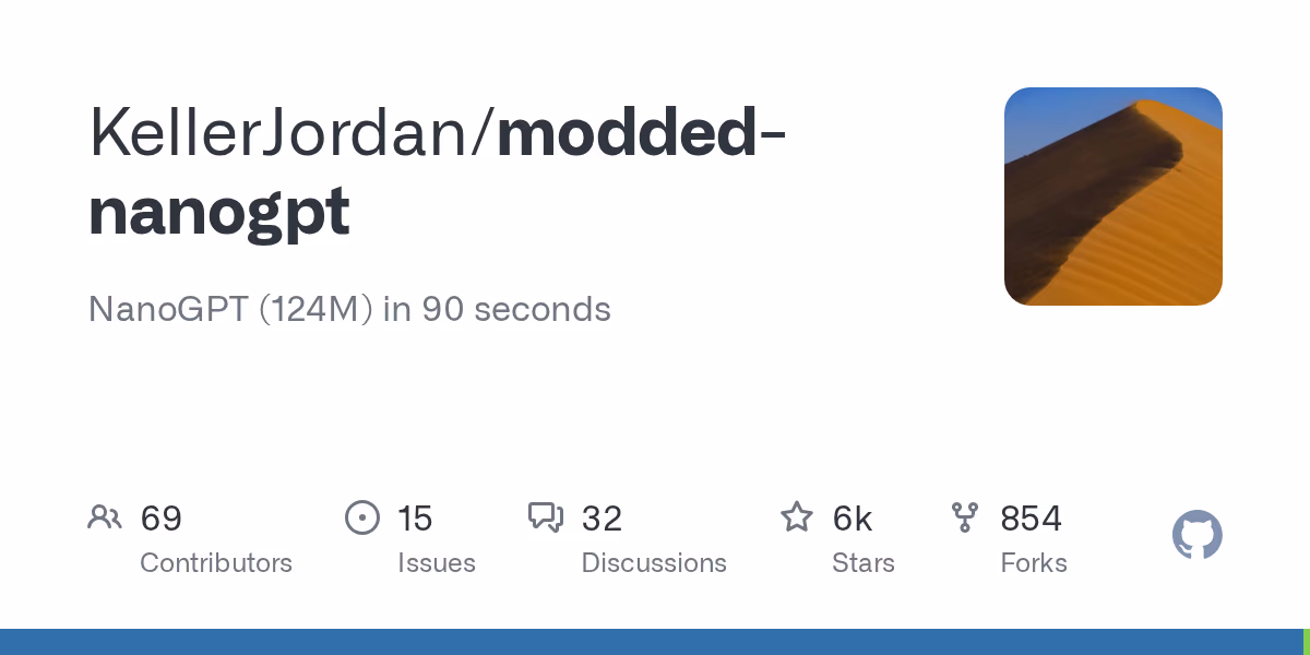 GitHub repository preview card for KellerJordan/modded-nanogpt, the public NanoGPT speedrun benchmark repository