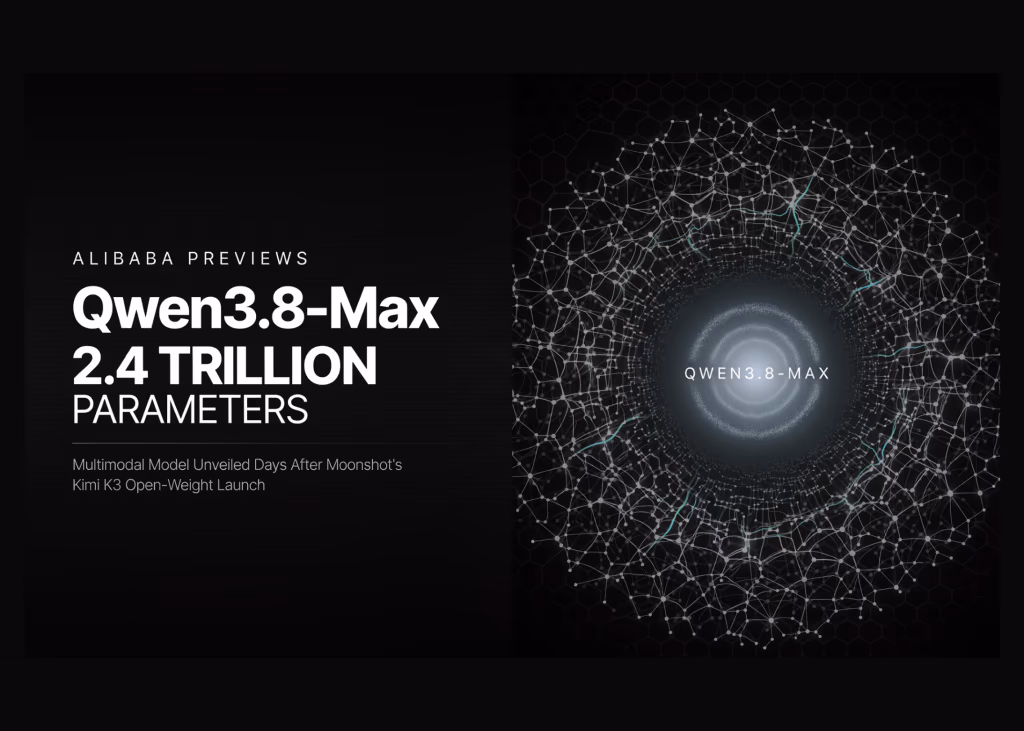 Editorial graphic reading 'Alibaba Previews Qwen3.8-Max, 2.4 Trillion Parameters, Multimodal Model Unveiled Days After Moonshot's Kimi K3 Open-Weight Launch'