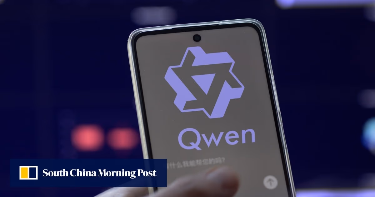 A hand holding a smartphone displaying the Qwen app logo and interface