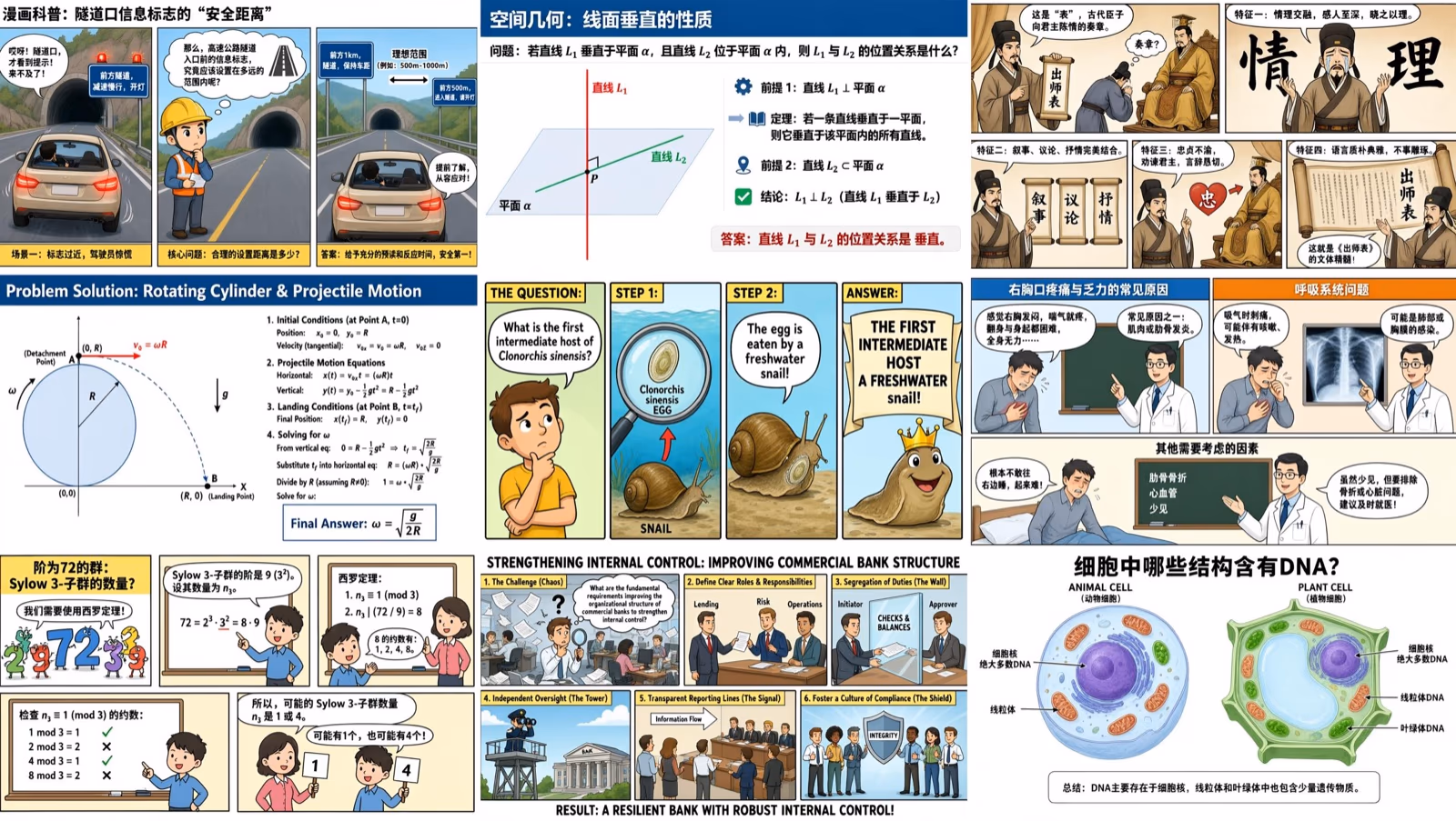 Grid of example Qwen-Image-3.0 outputs from the official launch materials, showing a road-safety comic, a geometry proof diagram, a physics problem worked solution, a maths group-theory slide, a Sylow subgroup counting problem, a bank internal-control flowchart, a biology exam comic about parasites, a classical Chinese literature comic, a medical infographic, and an animal-versus-plant-cell diagram.