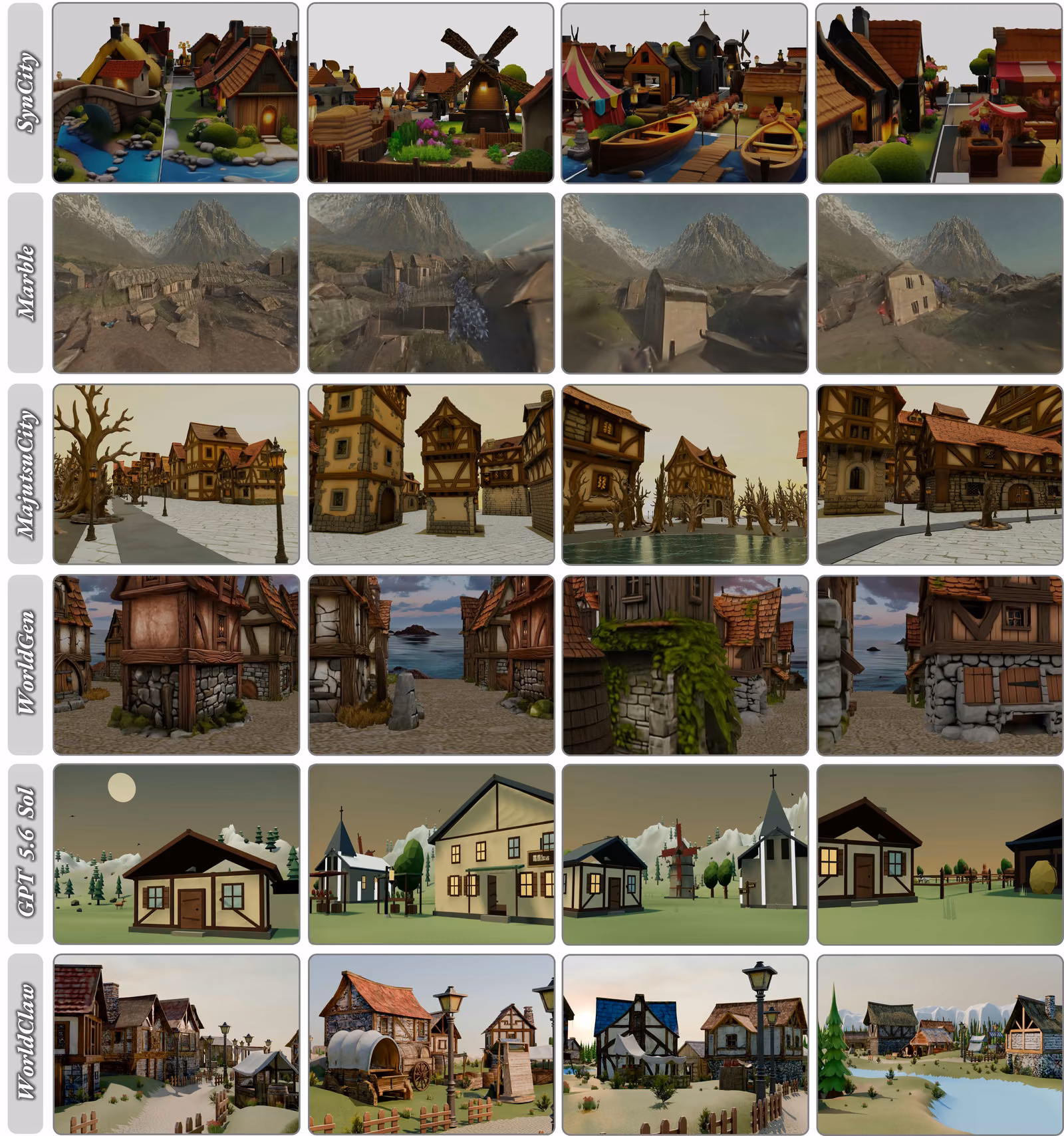 Six-row qualitative comparison grid from the WorldClaw paper showing generated village scenes from SynCity, Marble, MajutsuCity, WorldGen, GPT-5.6 Sol and WorldClaw side by side.