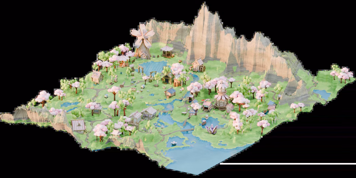 A generated cartoon-style spring village scene from Tencent WorldClaw's official project page demo gallery, showing houses, trees and terrain as editable 3D assets.