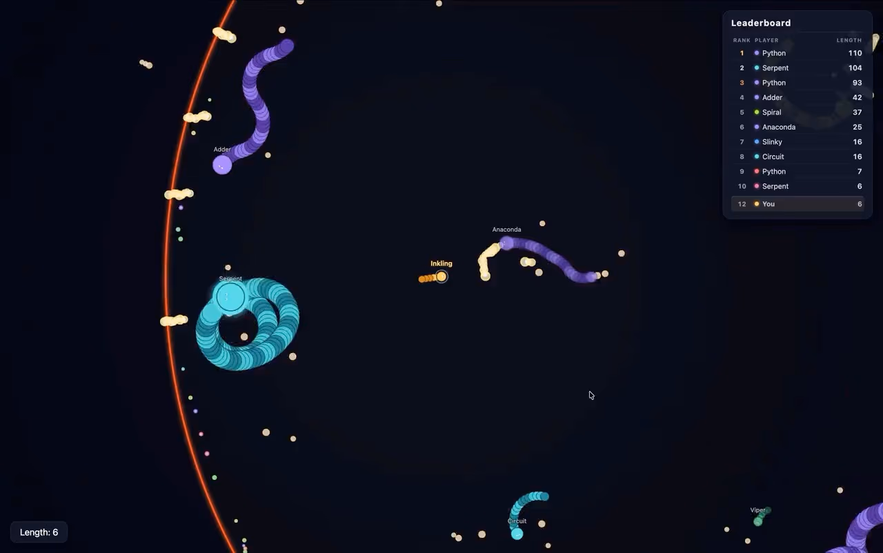 Screenshot of a multiplayer Snake-style game showing an agent labelled Inkling playing alongside other AI agents on a shared leaderboard
