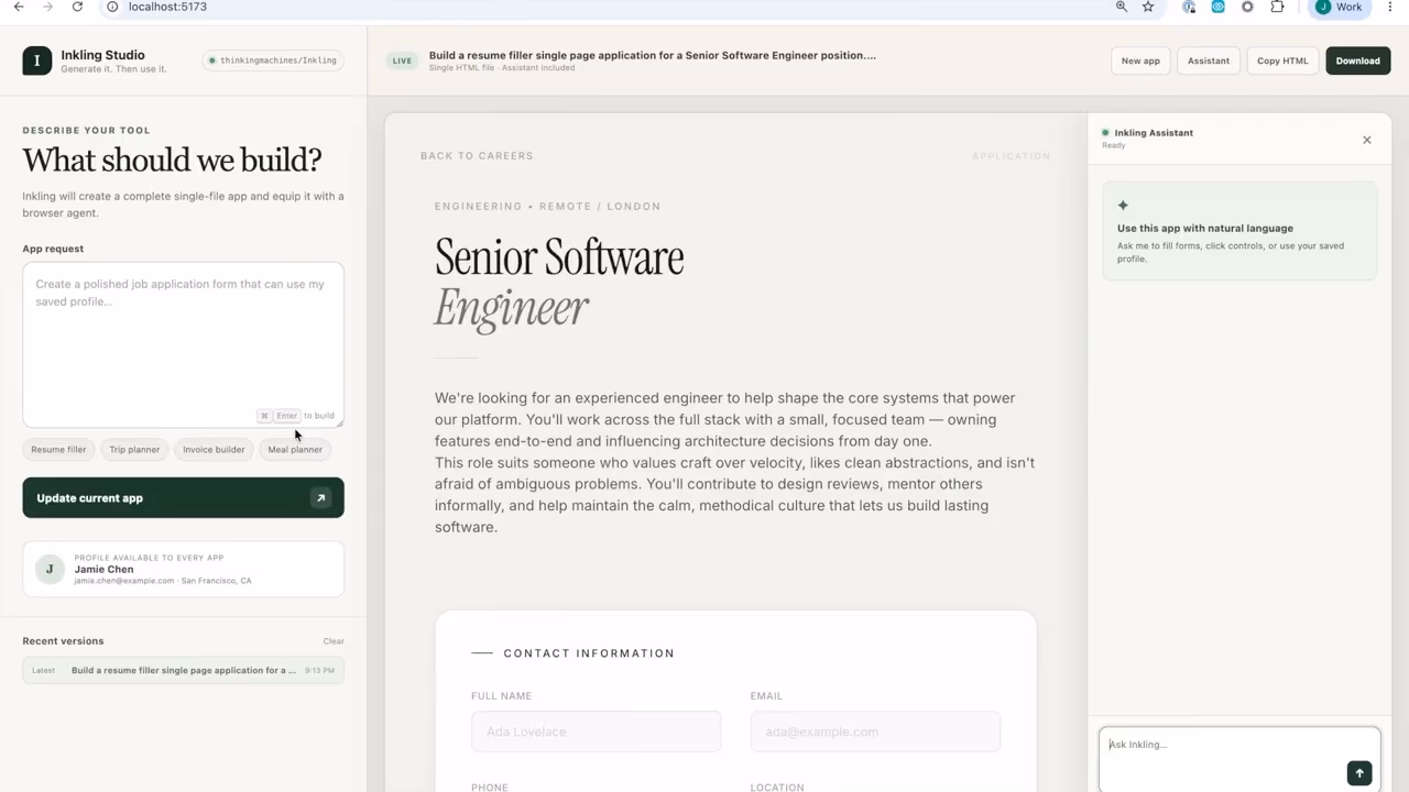 Screenshot of Inkling Studio building a job application web form, with a natural-language assistant sidebar for editing the generated app