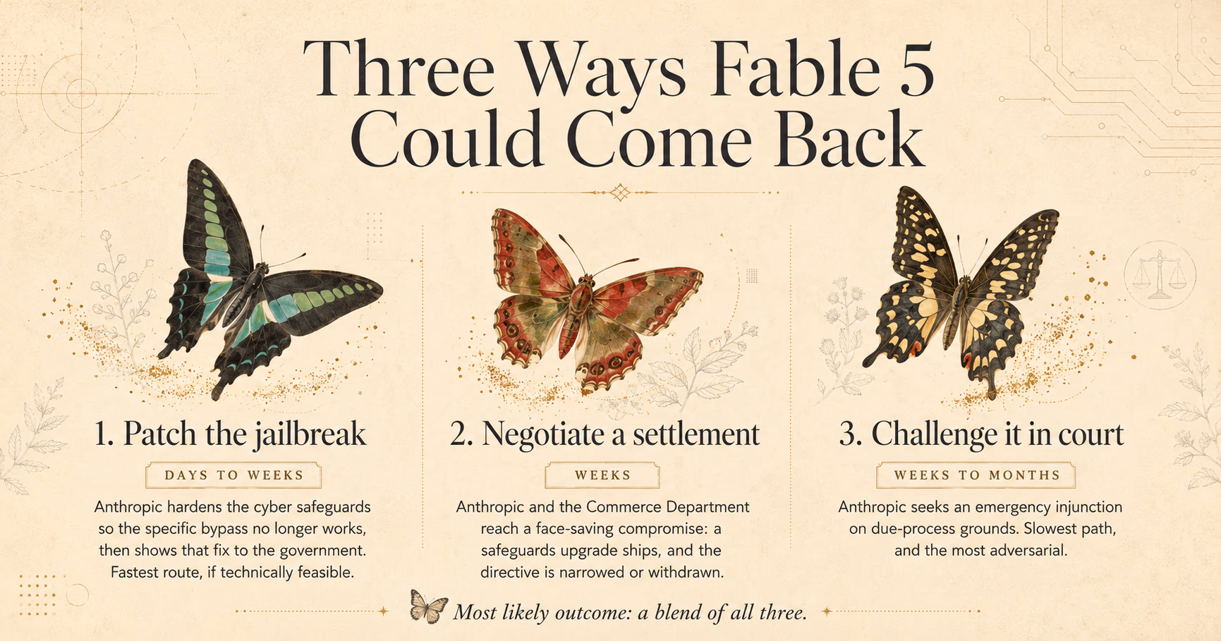 Infographic showing the three routes by which Claude Fable 5 could return: Anthropic satisfying the government that the jailbreak is fixed, negotiating a withdrawal of the directive, or a phased restoration via identity verification.