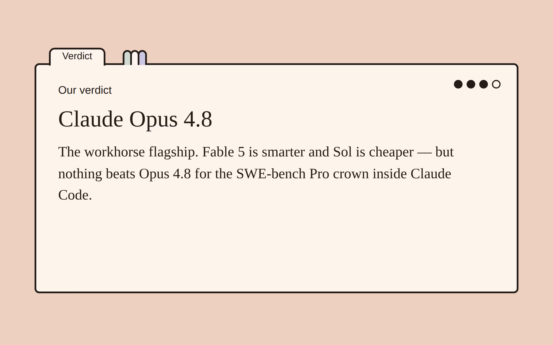 Claude Opus 4.8 verdict card with our one-line assessment.