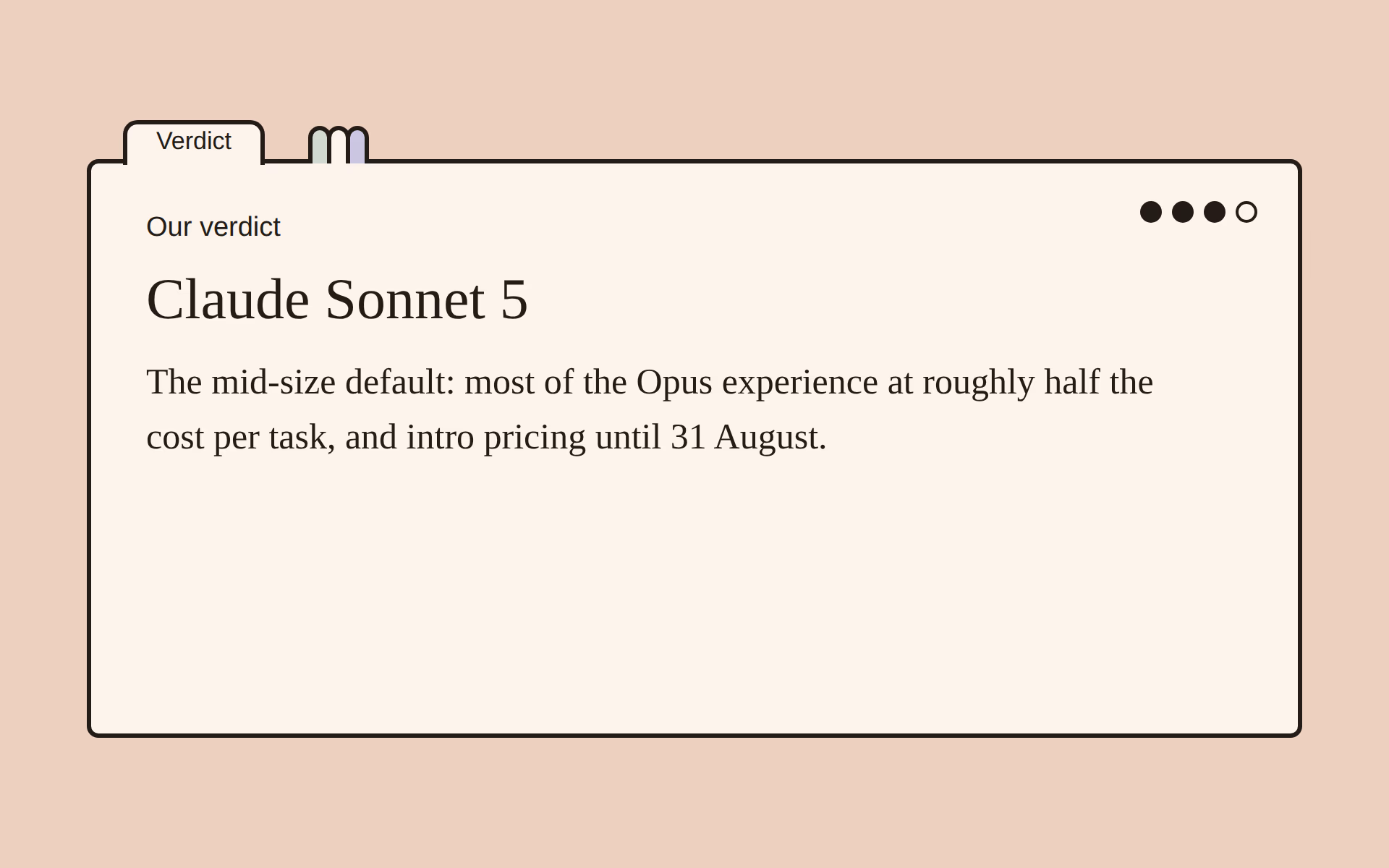 Claude Sonnet 5 verdict card with our one-line assessment.