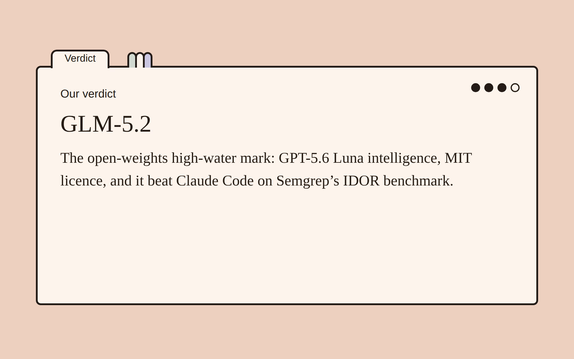 GLM-5.2 benchmark results verdict card with our one-line assessment.